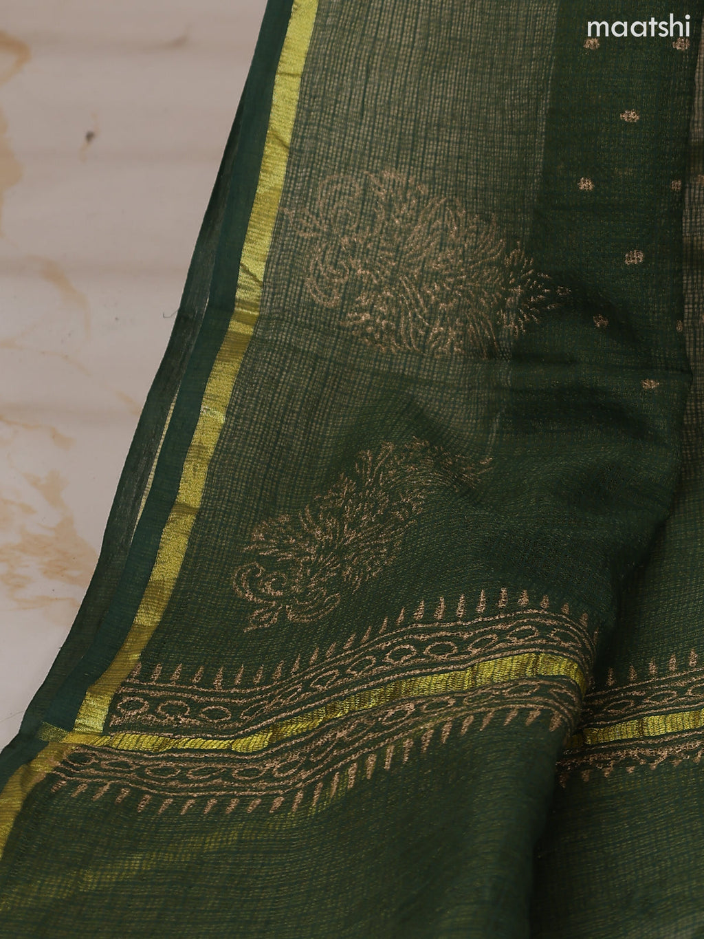 Sap Green and Gold Kota Dress Material With Allover Floral Prints and Bottom & Dupatta
