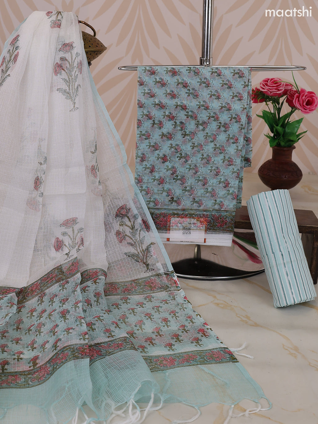 Pastel Blue and Off White Kota Dress Material With Allover Floral Prints and Bottom & Dupatta