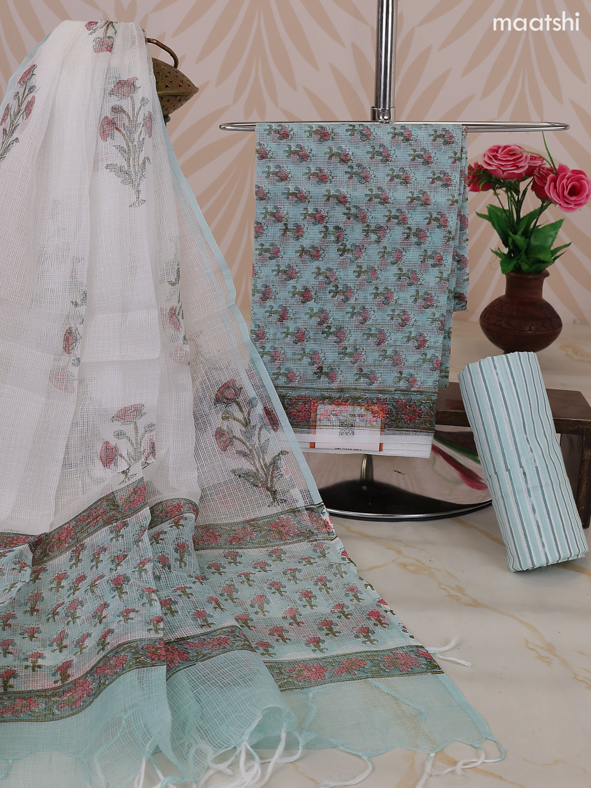 Pastel Blue and Off White Kota Dress Material With Allover Floral Prints and Bottom & Dupatta