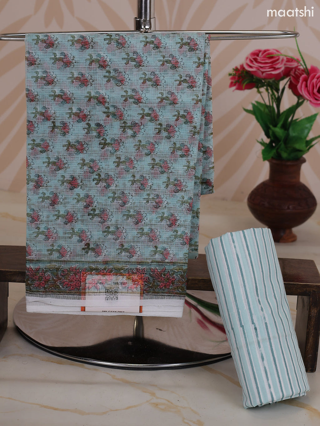 Pastel Blue and Off White Kota Dress Material With Allover Floral Prints and Bottom & Dupatta