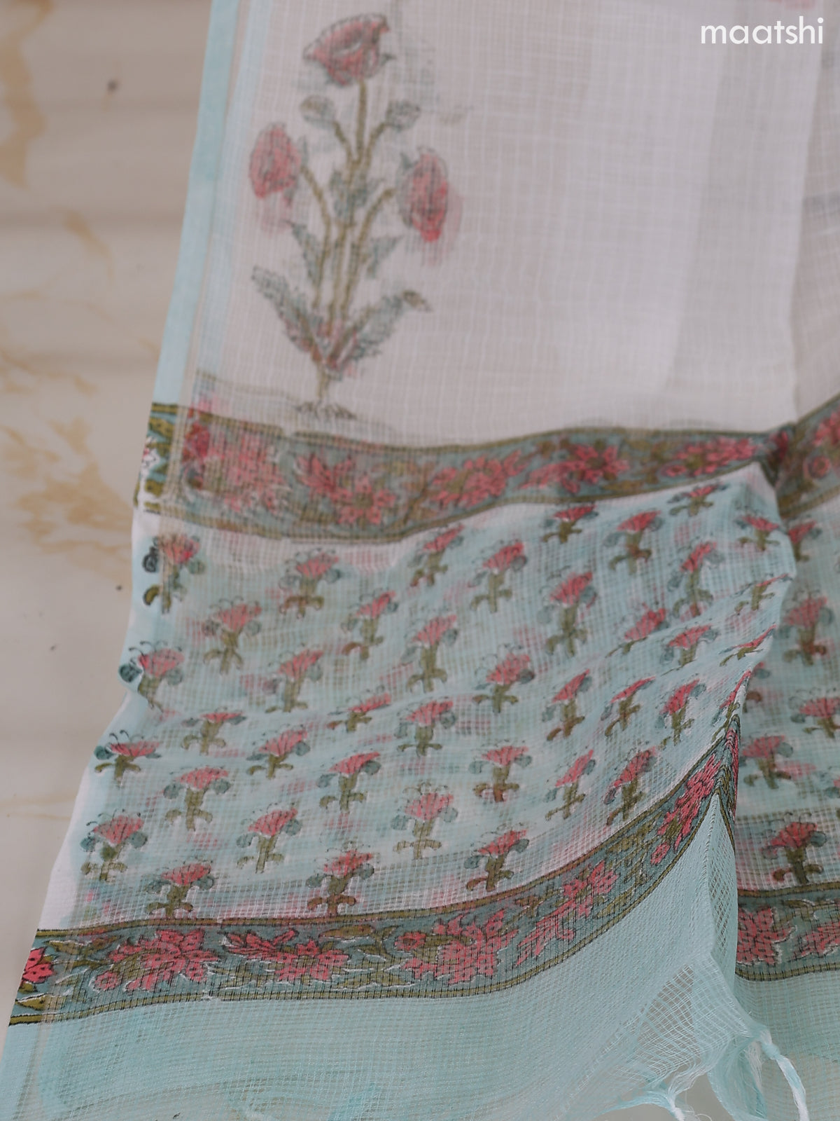 Pastel Blue and Off White Kota Dress Material With Allover Floral Prints and Bottom & Dupatta