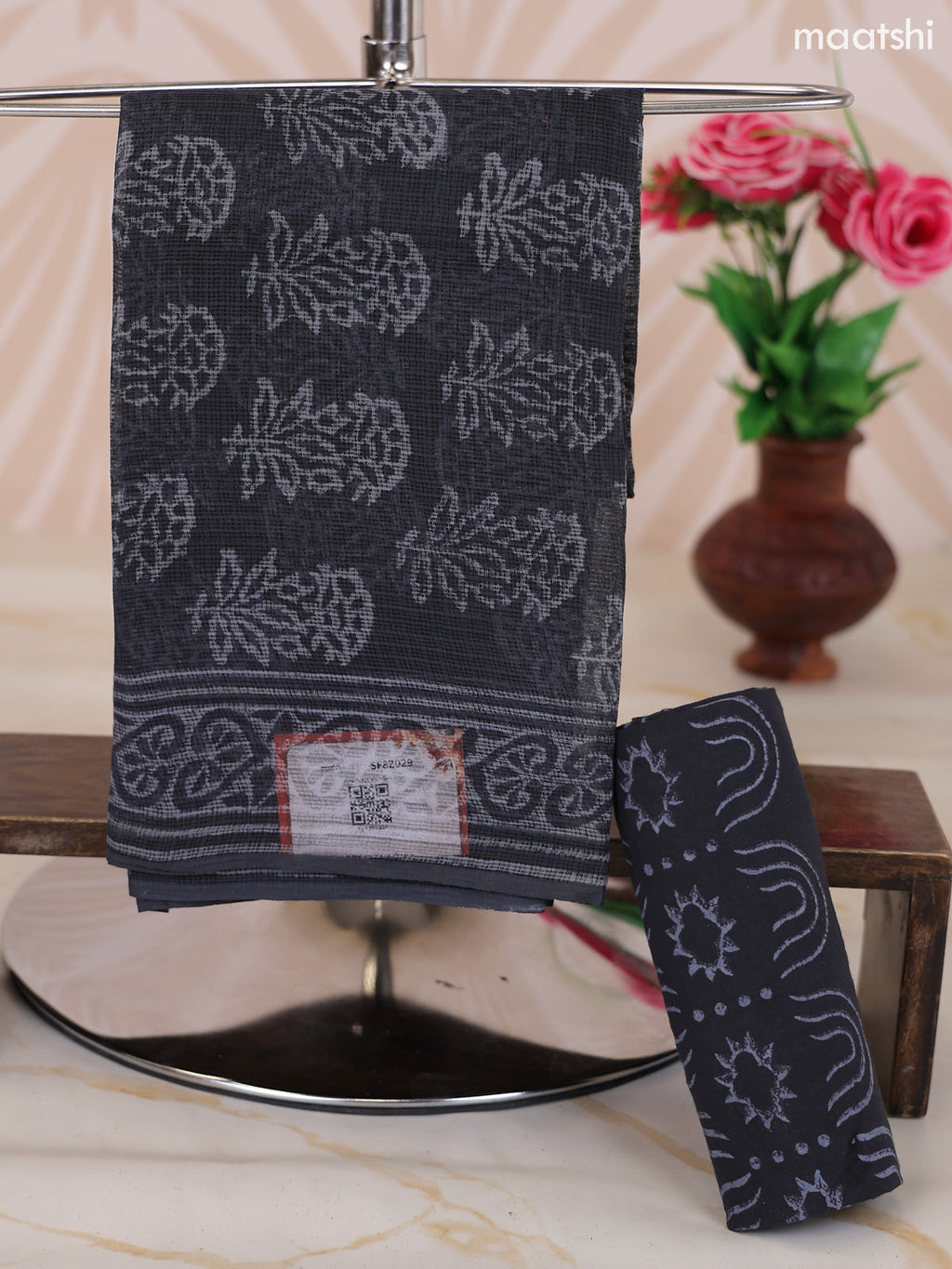 Elephant Grey and Grey Kota Dress Material With Allover Floral Prints and Bottom & Dupatta