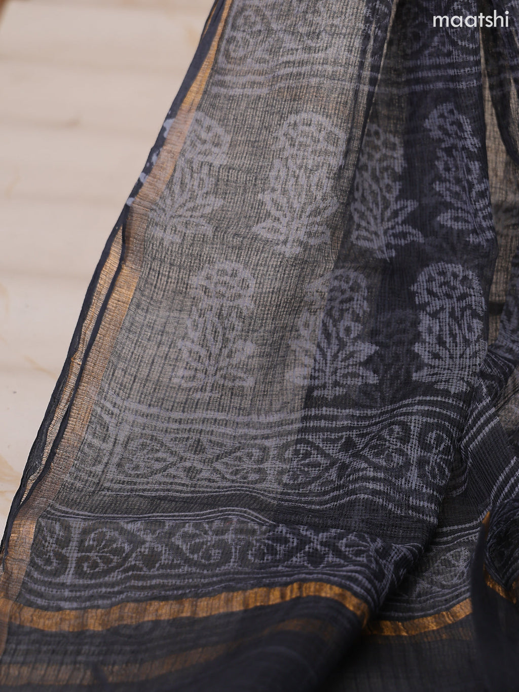 Elephant Grey and Grey Kota Dress Material With Allover Floral Prints and Bottom & Dupatta