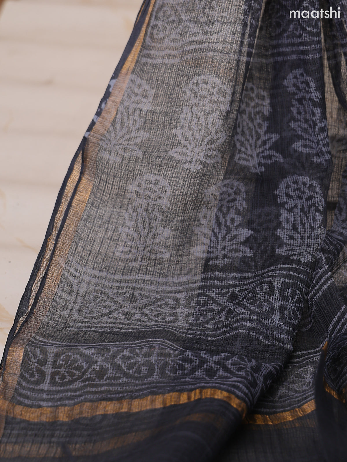Elephant Grey and Grey Kota Dress Material With Allover Floral Prints and Bottom & Dupatta