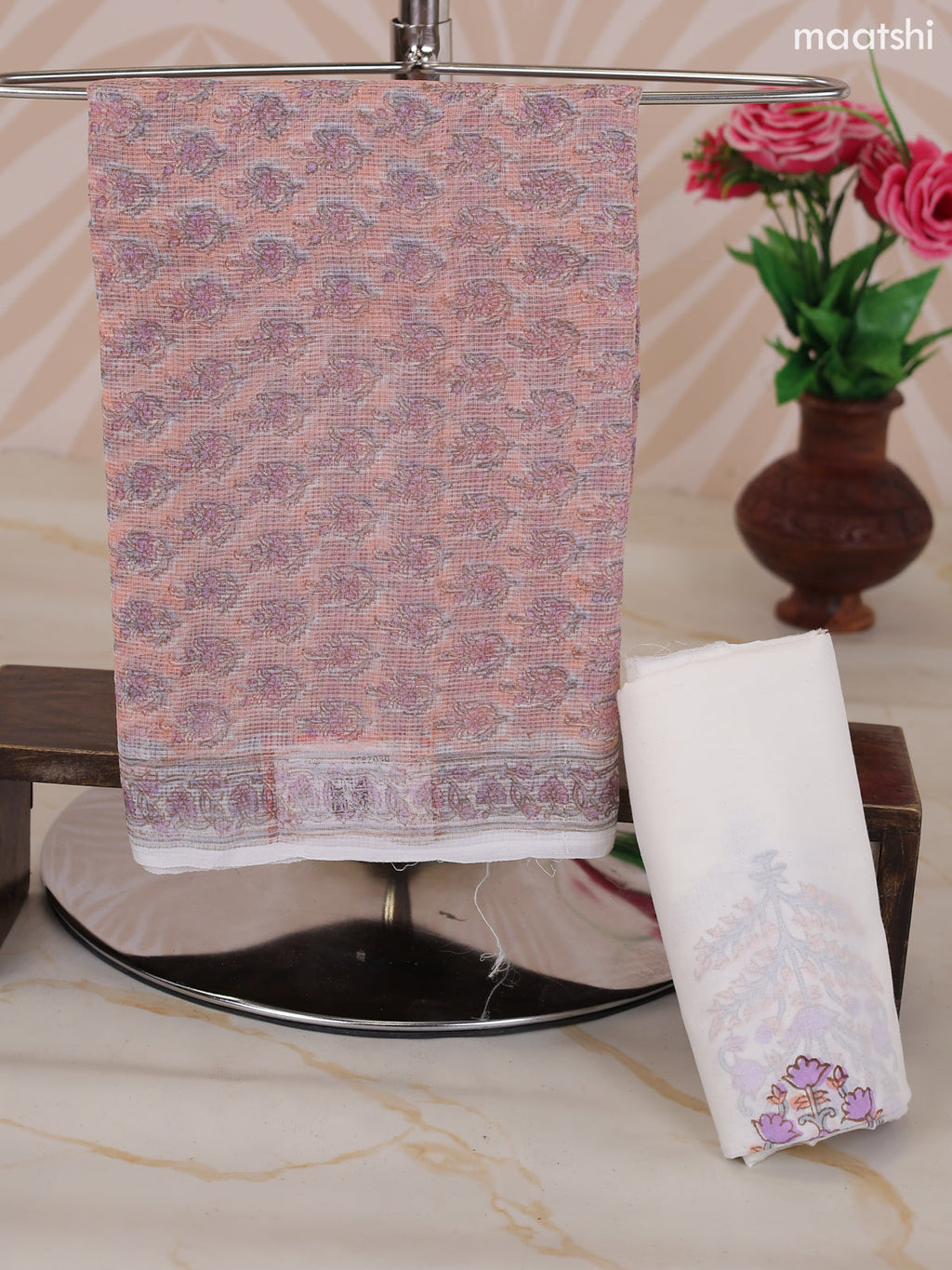 Mild Peach and Off White & Light Green Kota Dress Material With Allover Floral Prints and Bottom & Dupatta