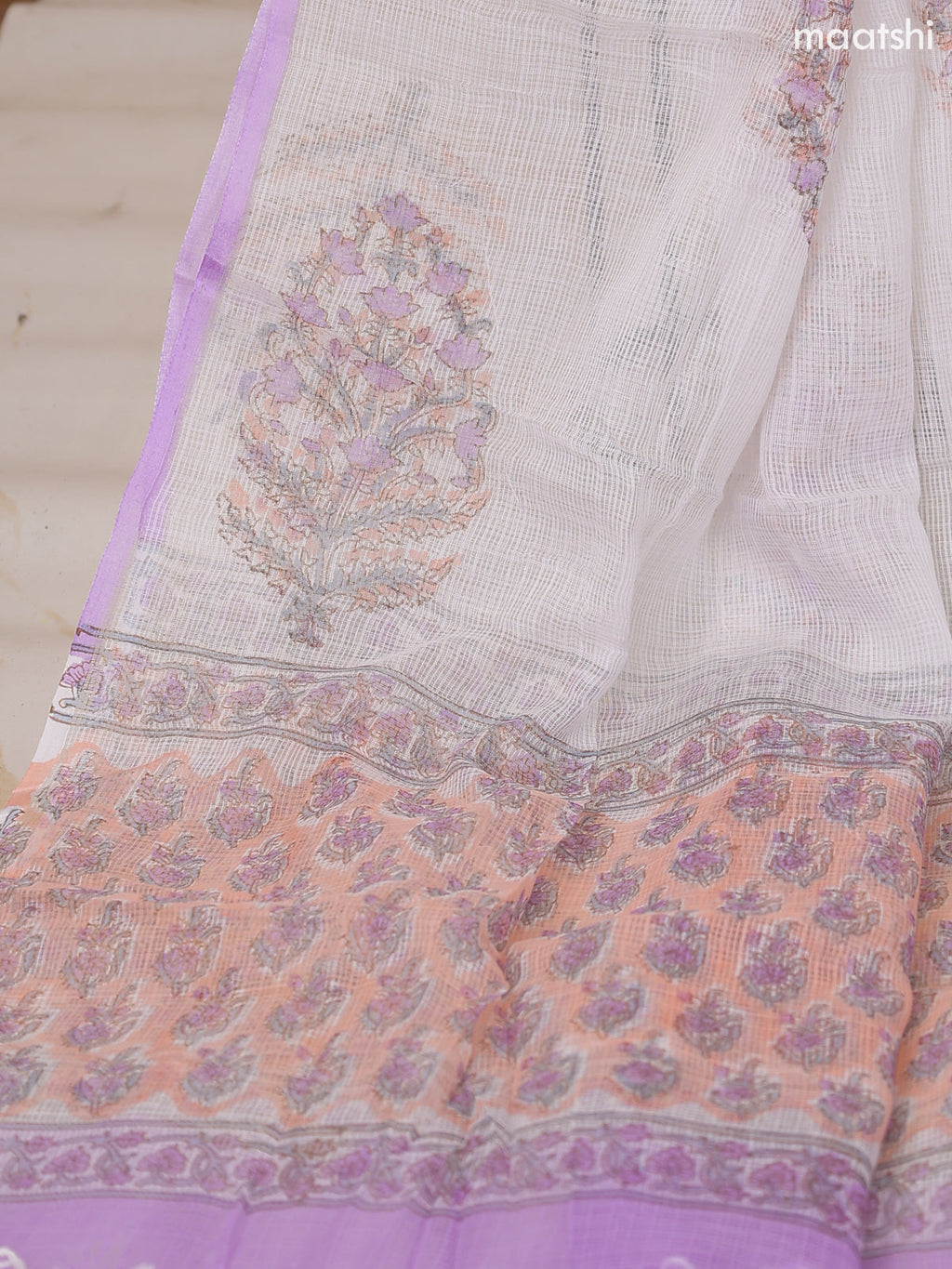 Mild Peach and Off White & Light Green Kota Dress Material With Allover Floral Prints and Bottom & Dupatta