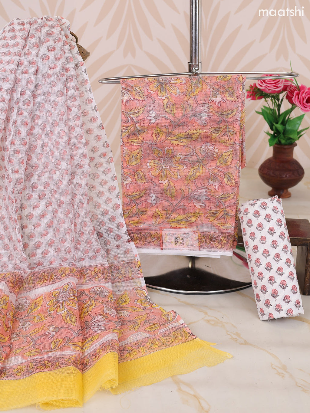 Peach and Off White Kota Dress Material With Allover Floral Prints and Bottom & Dupatta