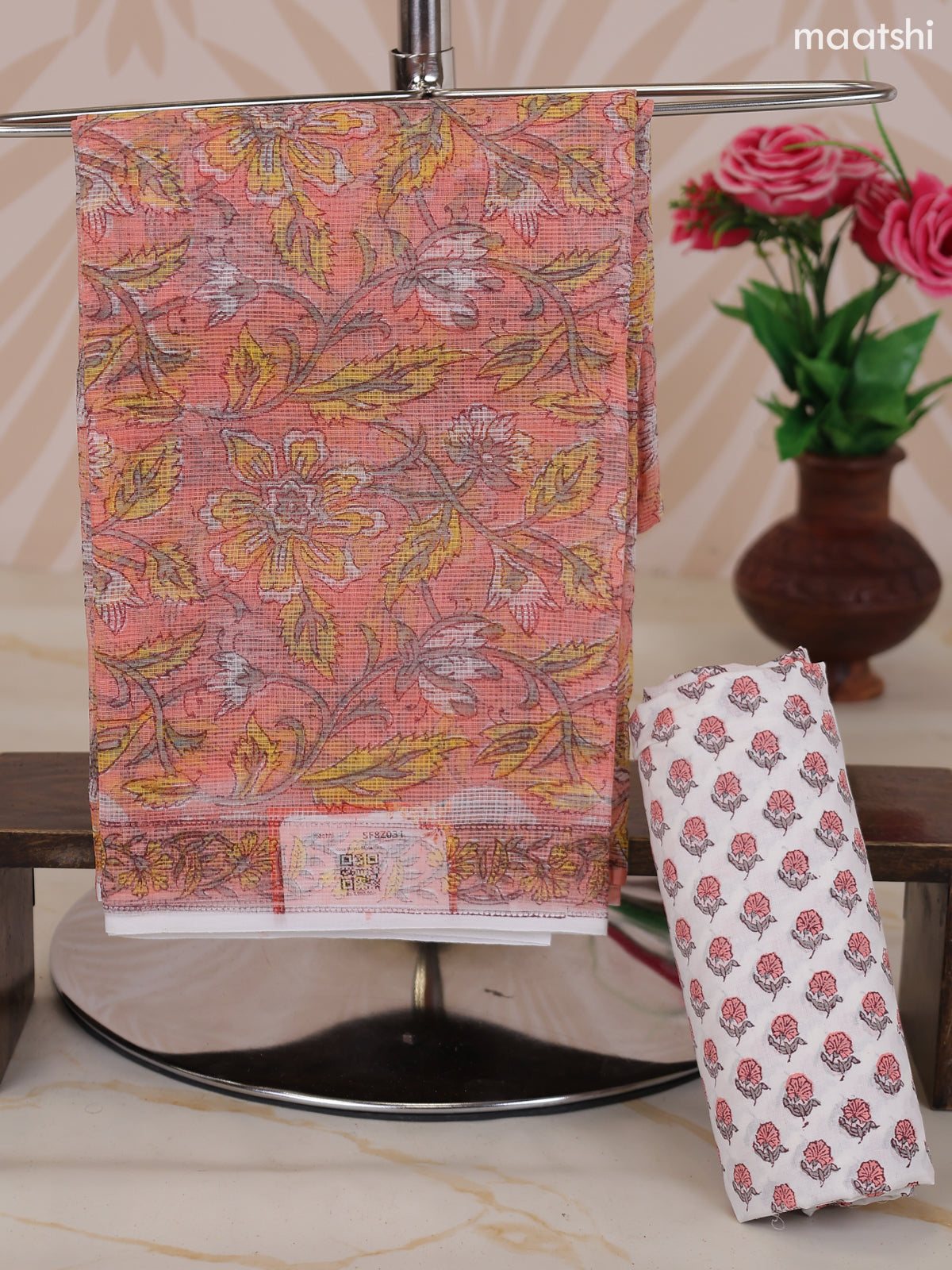 Peach and Off White Kota Dress Material With Allover Floral Prints and Bottom & Dupatta