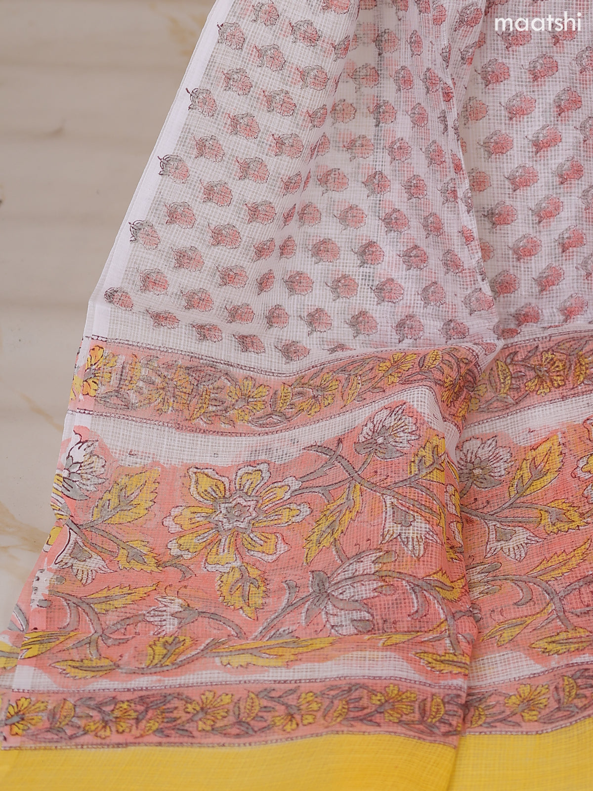 Peach and Off White Kota Dress Material With Allover Floral Prints and Bottom & Dupatta