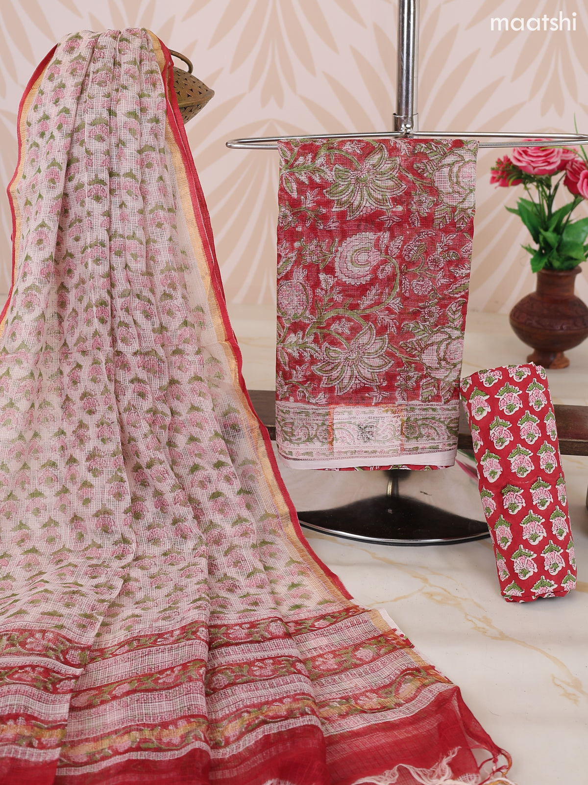 Red and Off White Kota Dress Material With Allover Floral Prints and Bottom & Dupatta