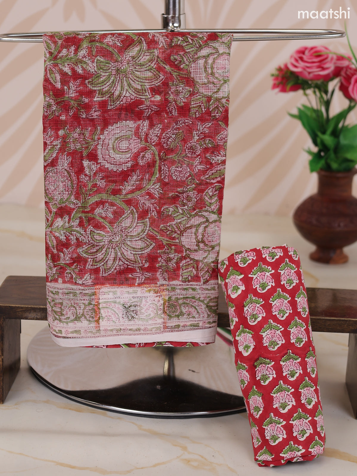 Red and Off White Kota Dress Material With Allover Floral Prints and Bottom & Dupatta