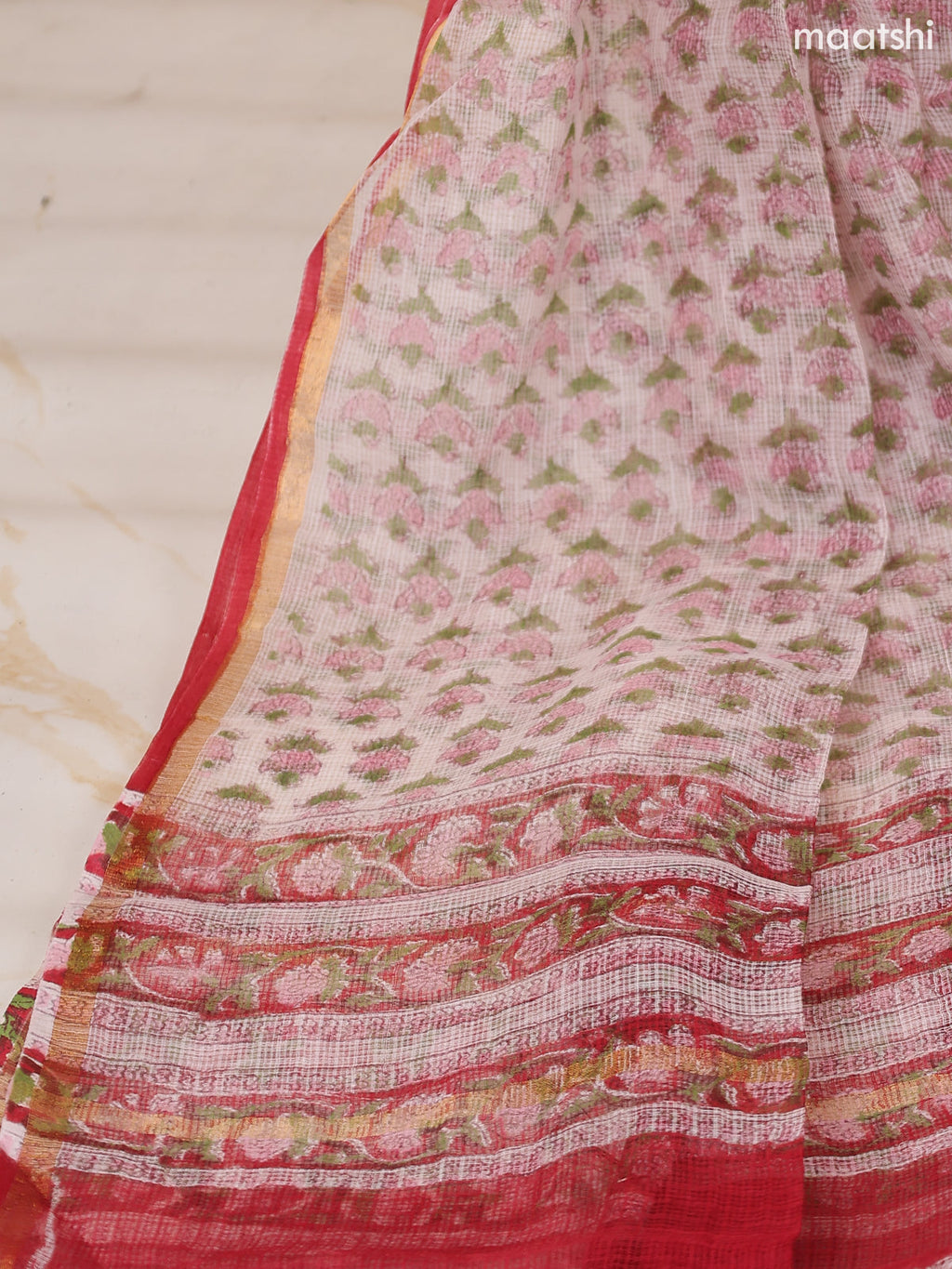 Red and Off White Kota Dress Material With Allover Floral Prints and Bottom & Dupatta
