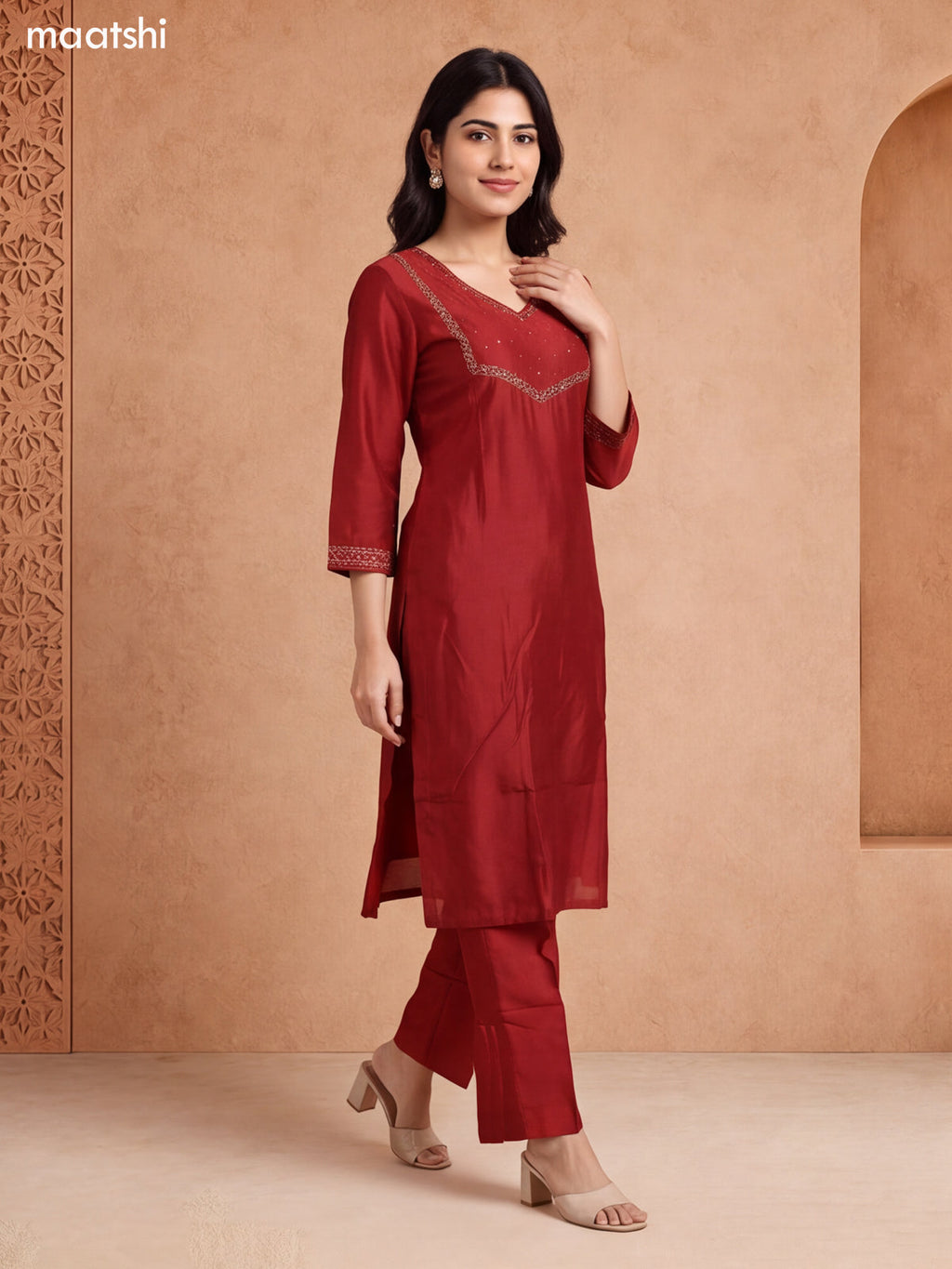 Rust Chanderi Embroidery Work Straight Suit