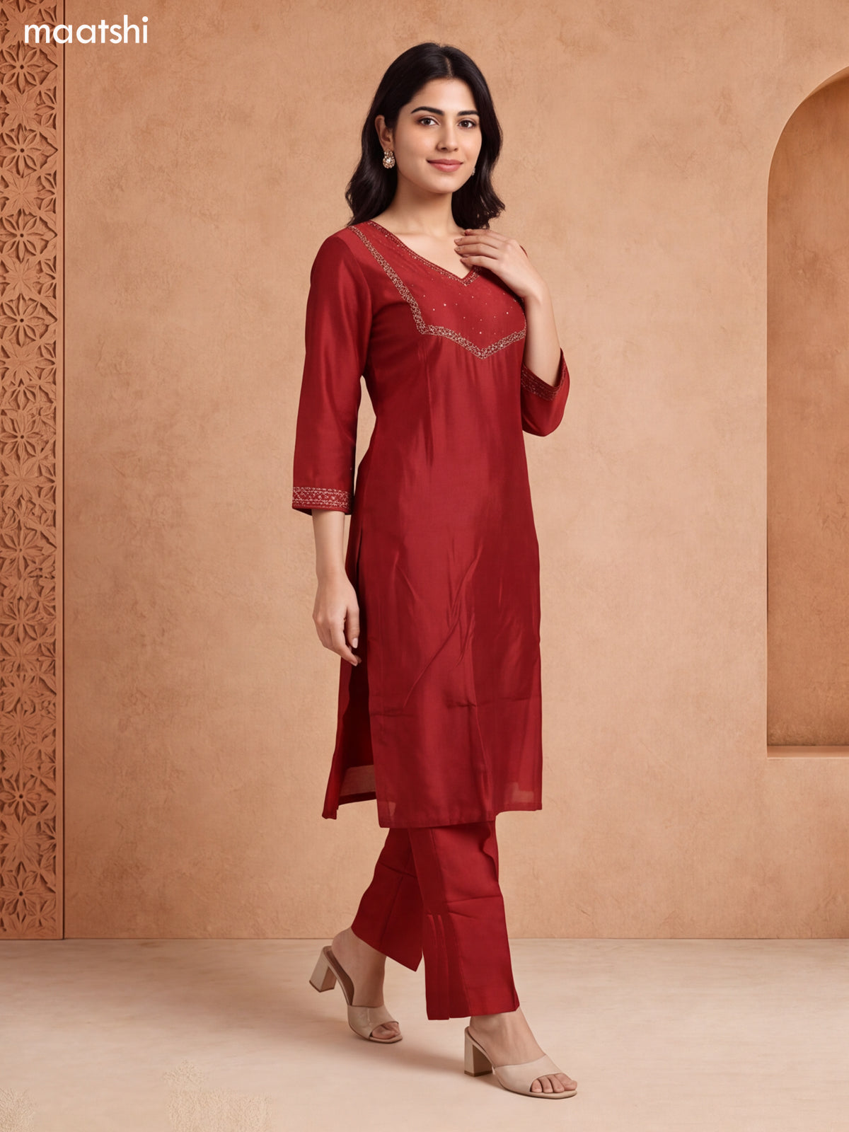 Rust Chanderi Embroidery Work Straight Suit