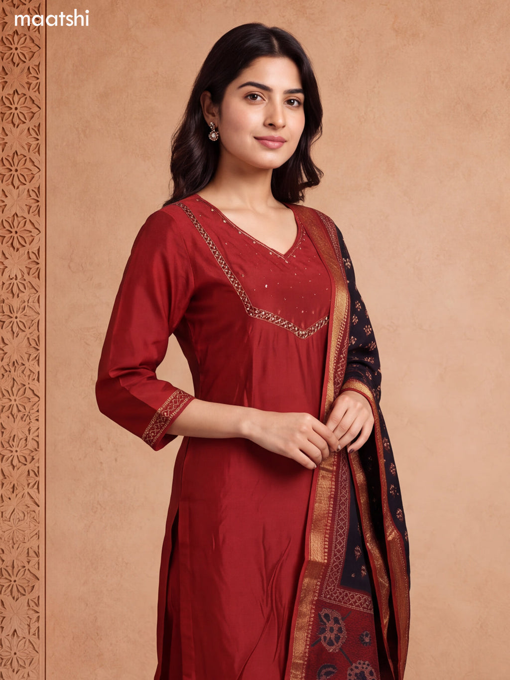 Rust Chanderi Embroidery Work Straight Suit