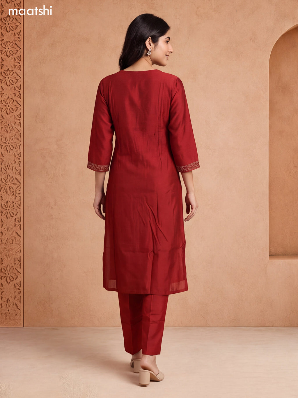 Rust Chanderi Embroidery Work Straight Suit