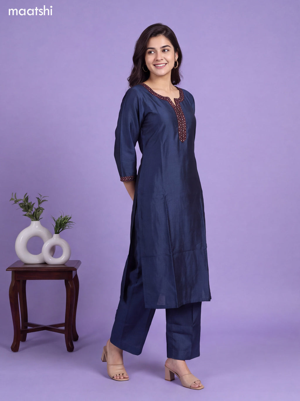 Greyish Blue and Maroon Chanderi Embroidery Work Straight Suit