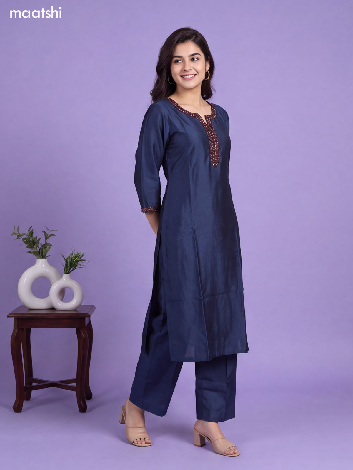 Greyish Blue and Maroon Chanderi Embroidery Work Straight Suit