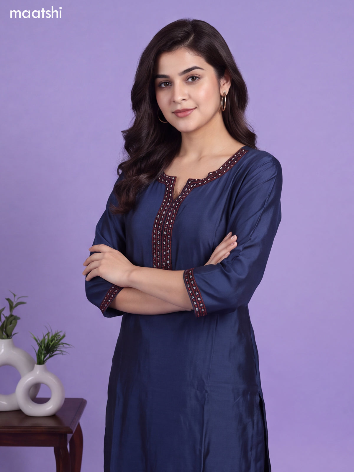 Greyish Blue and Maroon Chanderi Embroidery Work Straight Suit