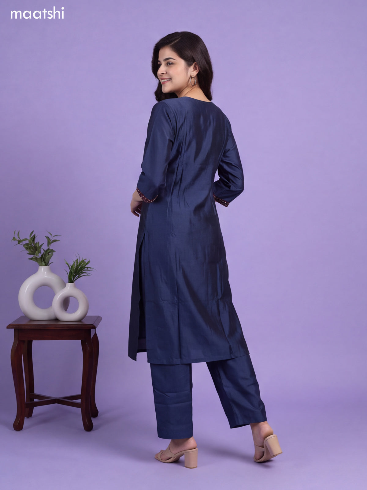 Greyish Blue and Maroon Chanderi Embroidery Work Straight Suit