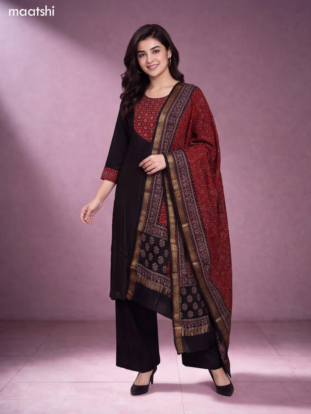 Black and Maroon Chanderi Ajrakh Prints & Embroidery Work Straight Suit