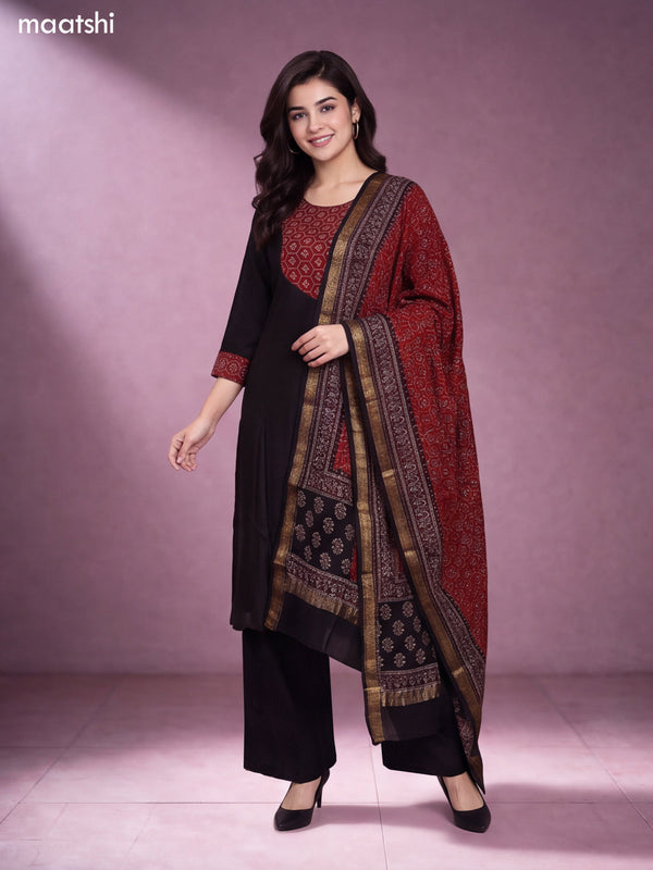 Black and Maroon Chanderi Ajrakh Prints & Embroidery Work Straight Suit