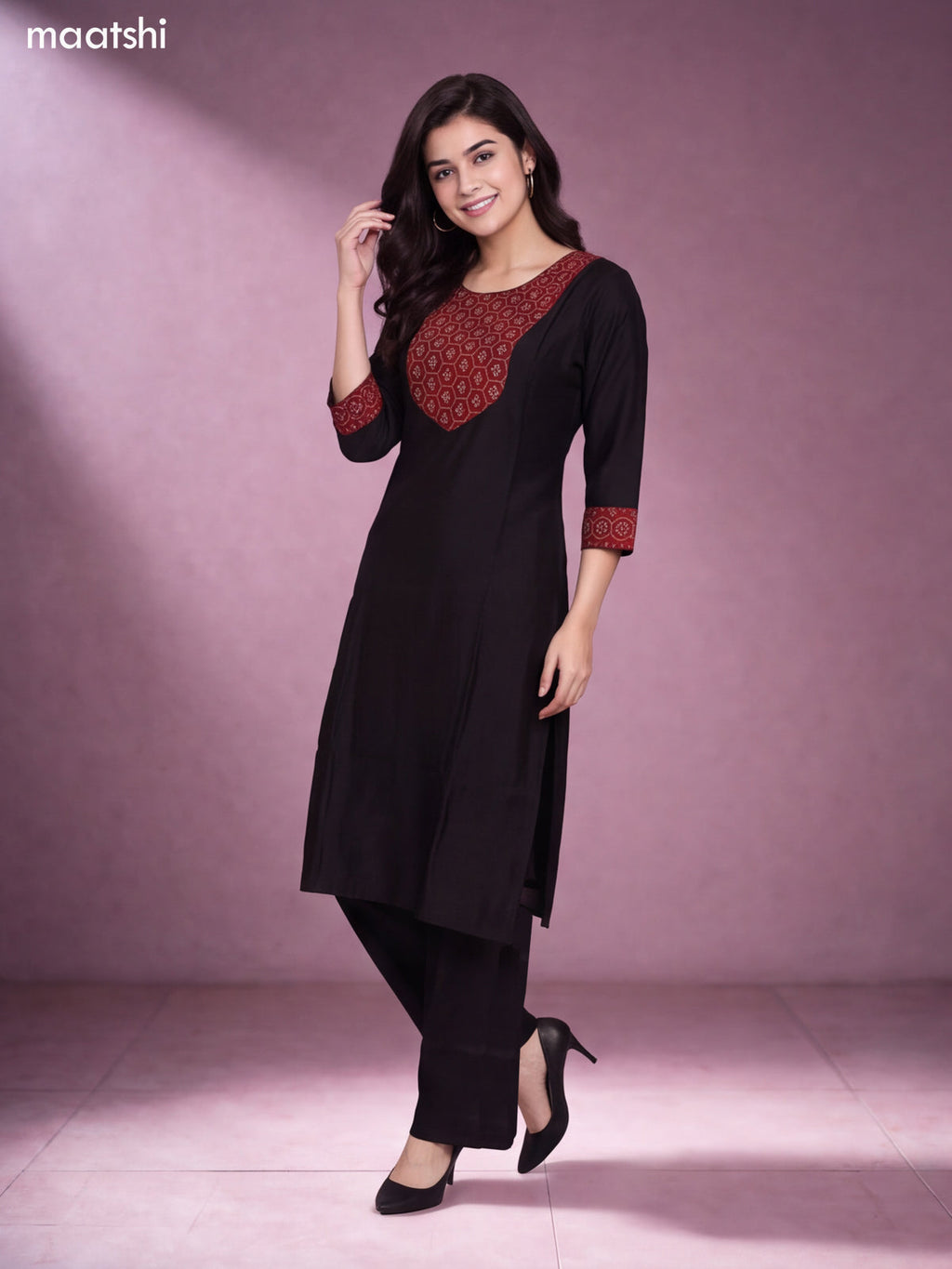 Black and Maroon Chanderi Ajrakh Prints & Embroidery Work Straight Suit