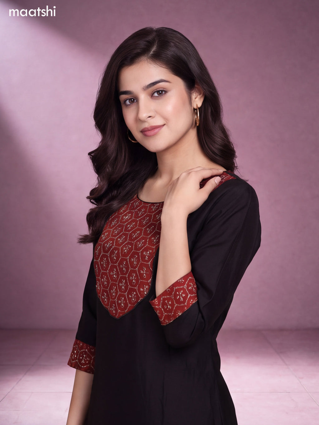 Black and Maroon Chanderi Ajrakh Prints & Embroidery Work Straight Suit