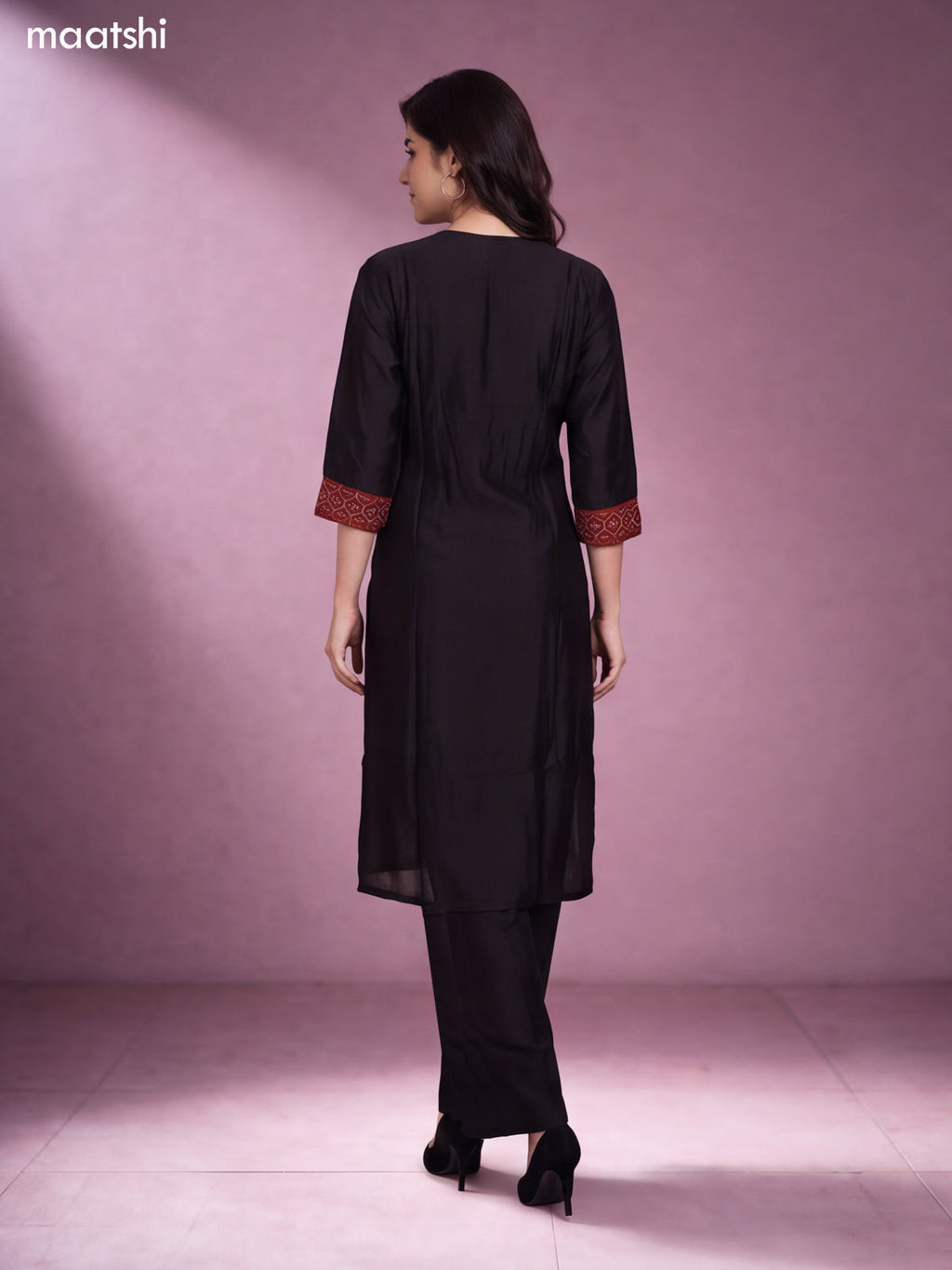 Black and Maroon Chanderi Ajrakh Prints & Embroidery Work Straight Suit