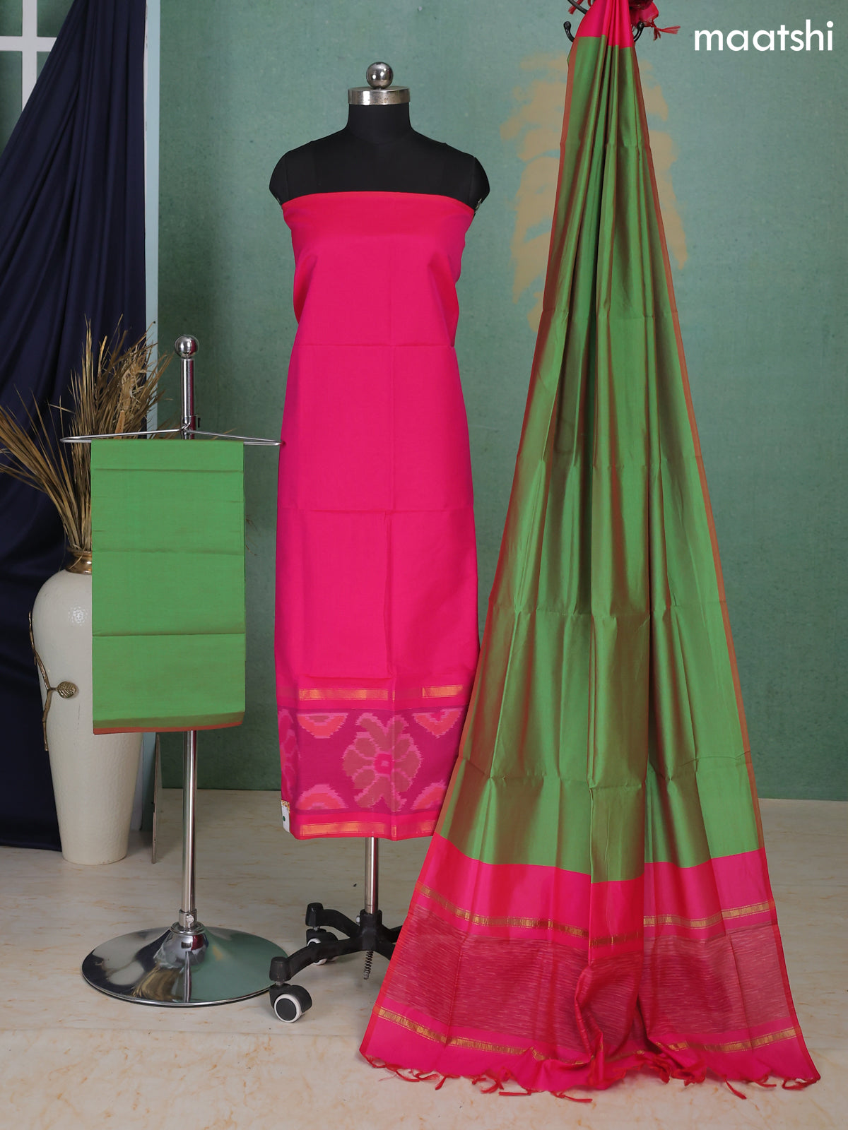 Rani Pink and Green Ikat Dress Material With Ikat Weaves