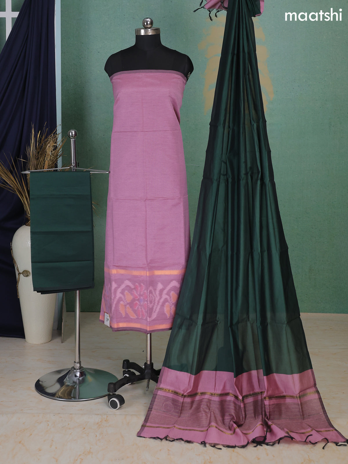 Peach Pink and Dark Green Ikat Dress Material With Ikat Weaves – Maatshi
