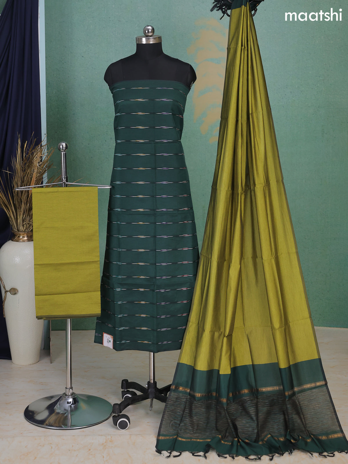 Sap Green and Mehandi Green Ikat Dress Material With Ikat Weaves