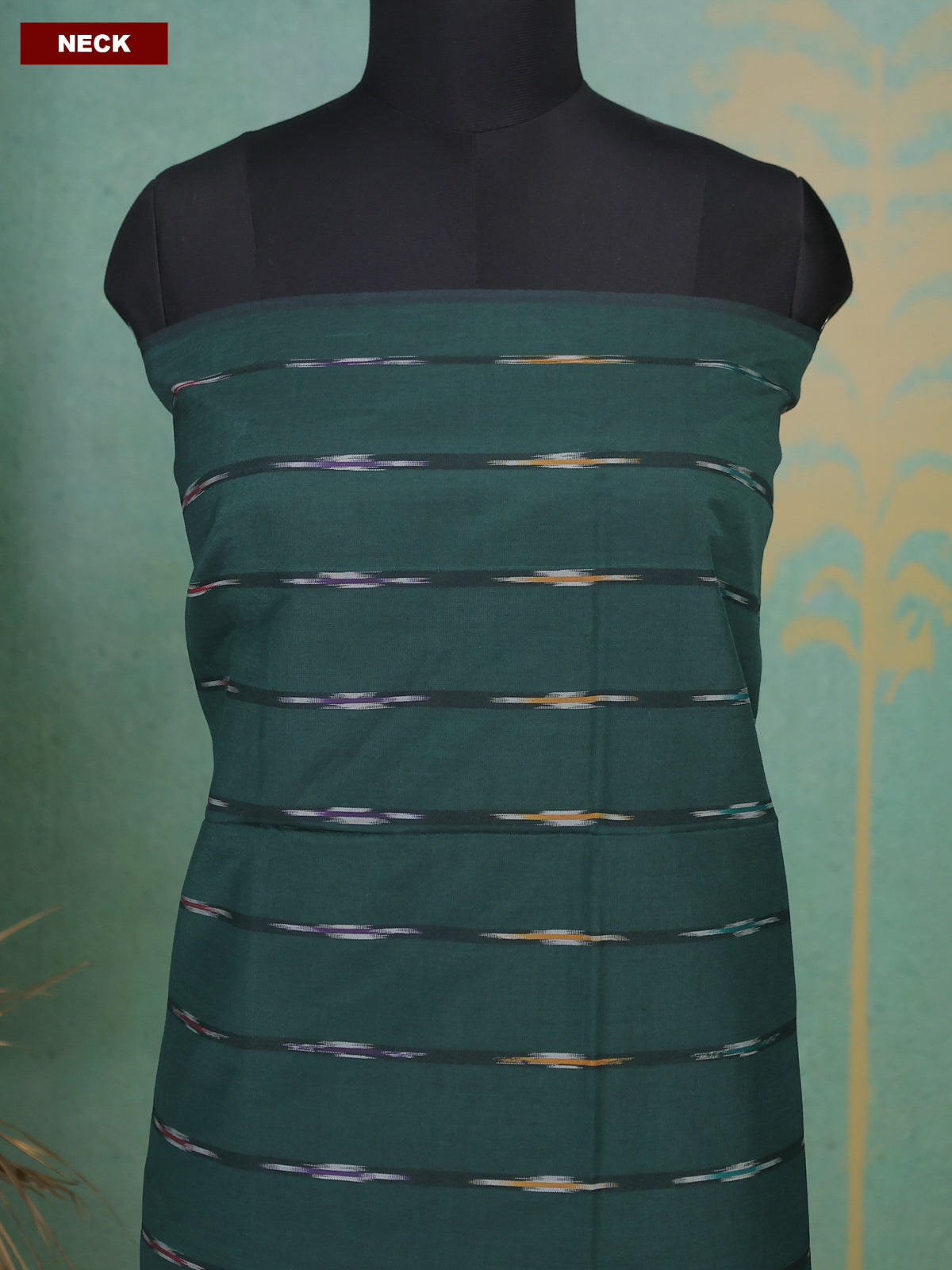 Sap Green and Mustard Yellow Ikat Dress Material With Ikat Weaves