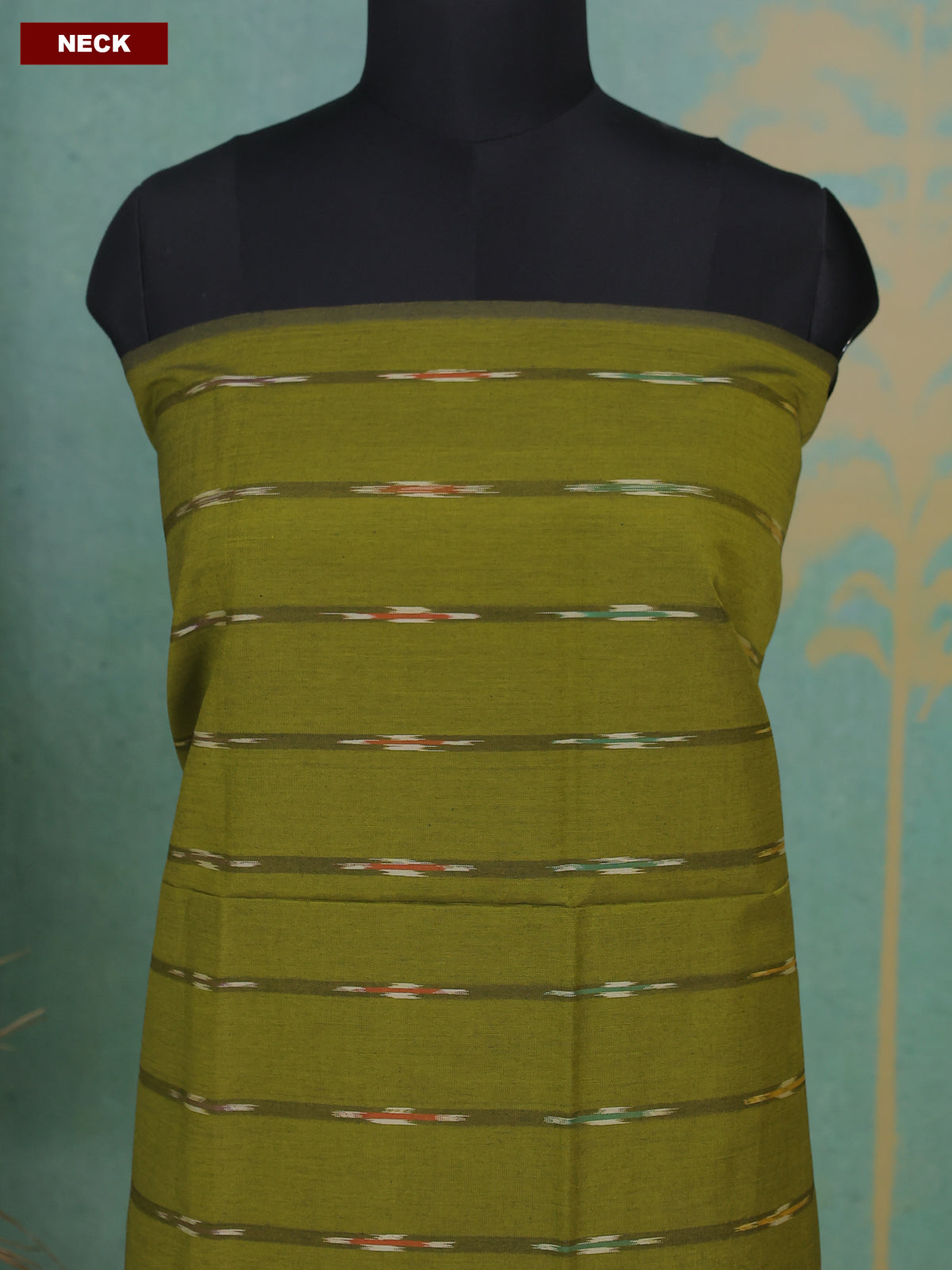 Mehandi Green and Indigo Blue Ikat Dress Material With Ikat Weaves