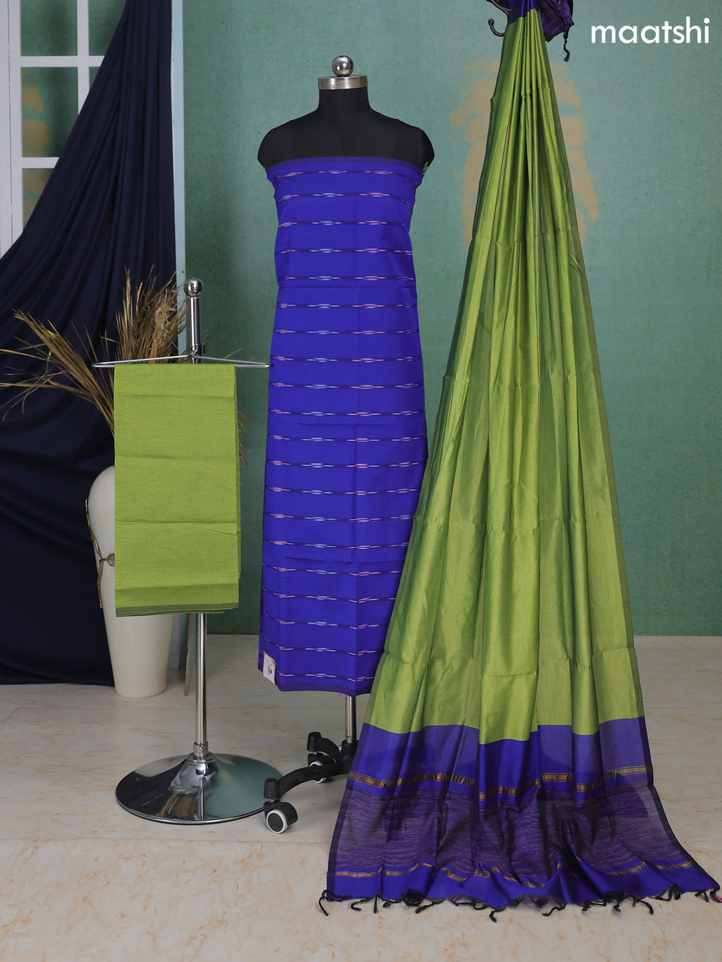 Indigo Blue and Green Ikat Dress Material With Ikat Weaves