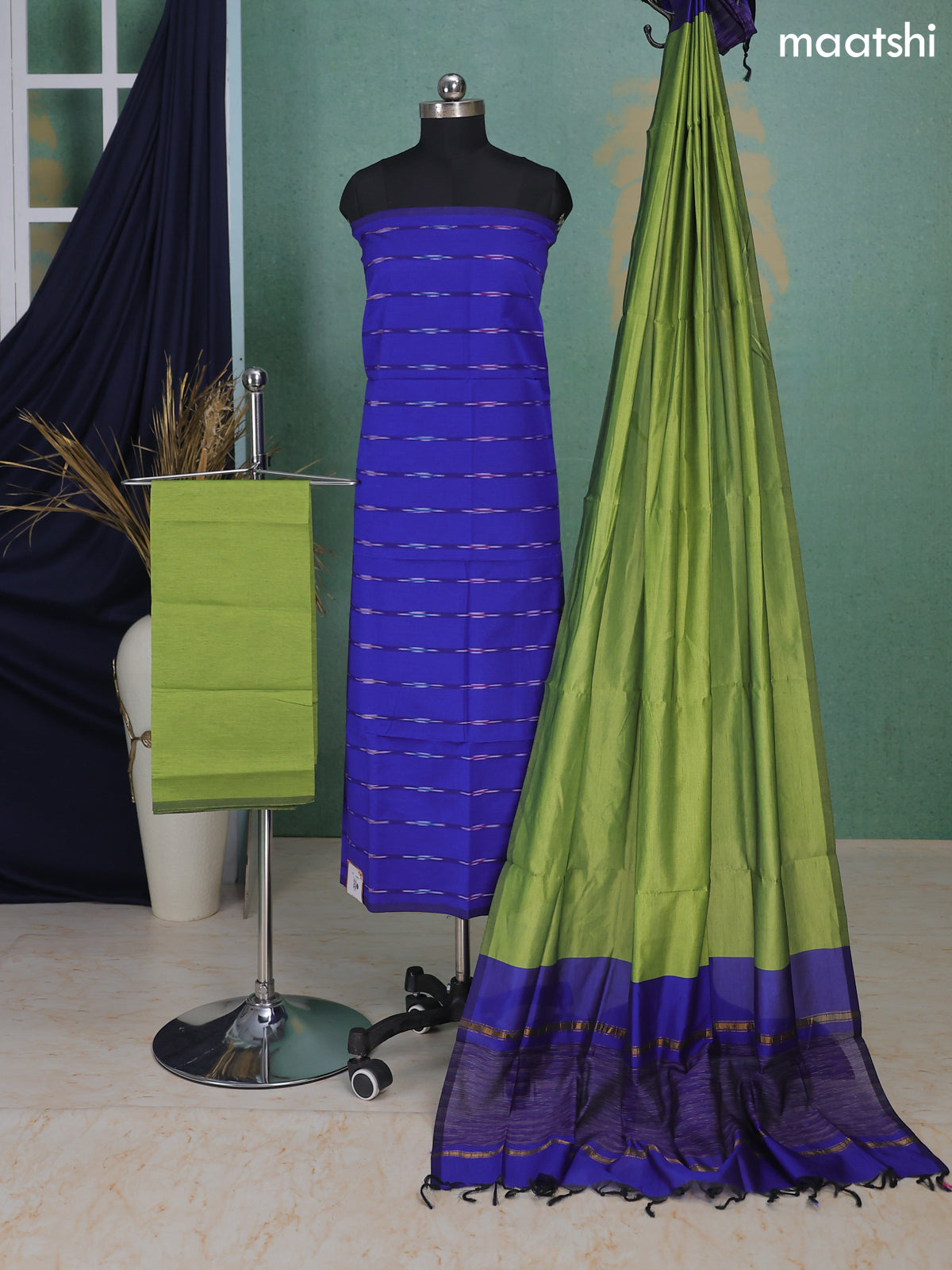 Indigo Blue and Green Ikat Dress Material With Ikat Weaves
