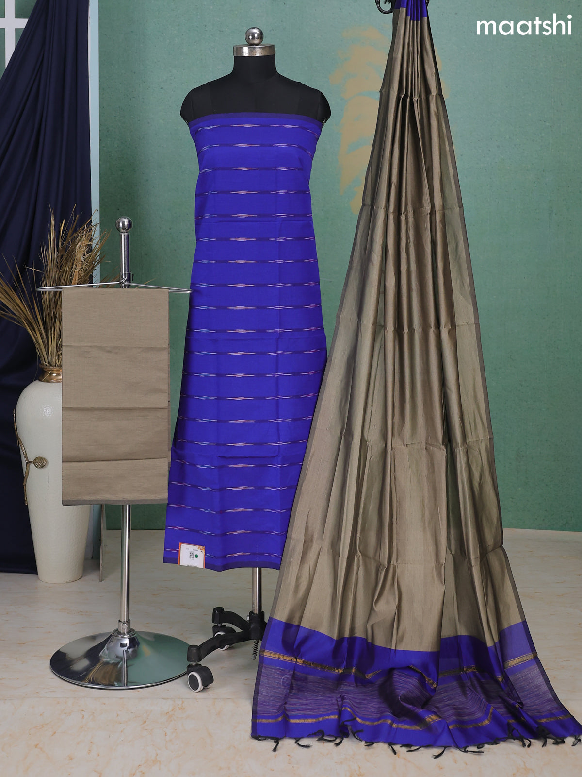 Indigo Blue and Grey Ikat Dress Material With Ikat Weaves
