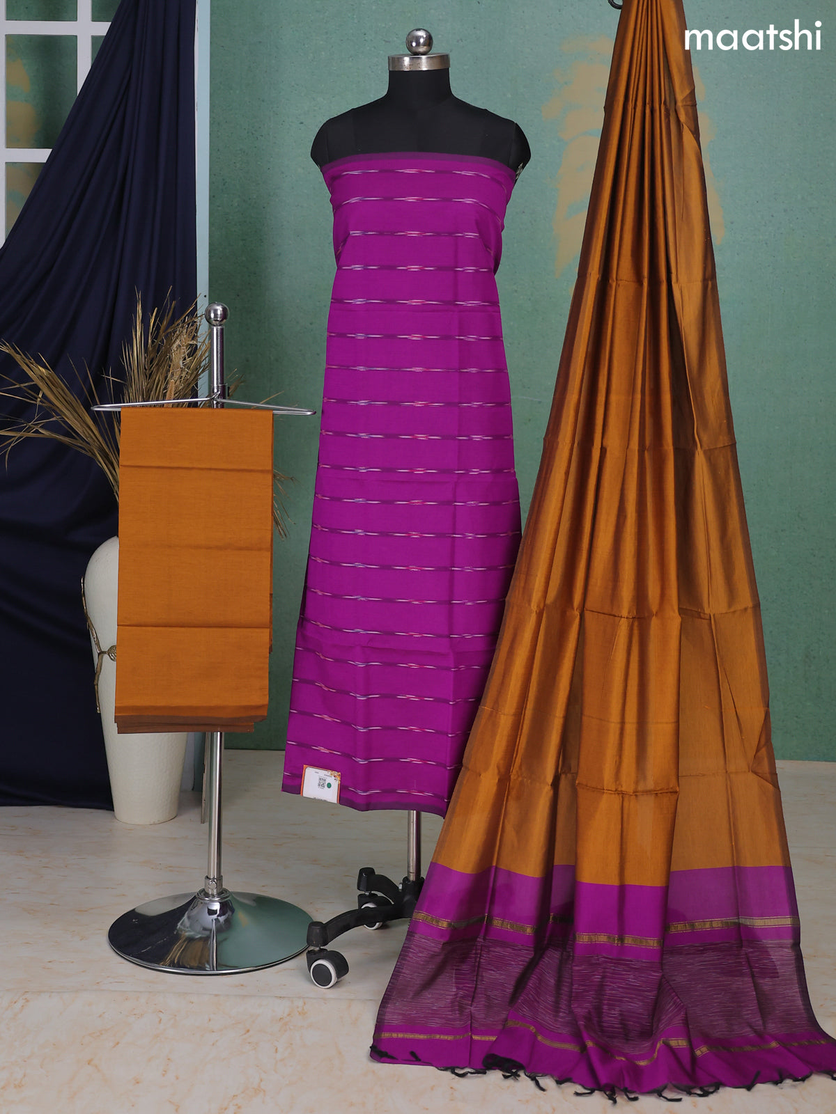 Purple and Mustard Yellow Ikat Dress Material With Ikat Weaves