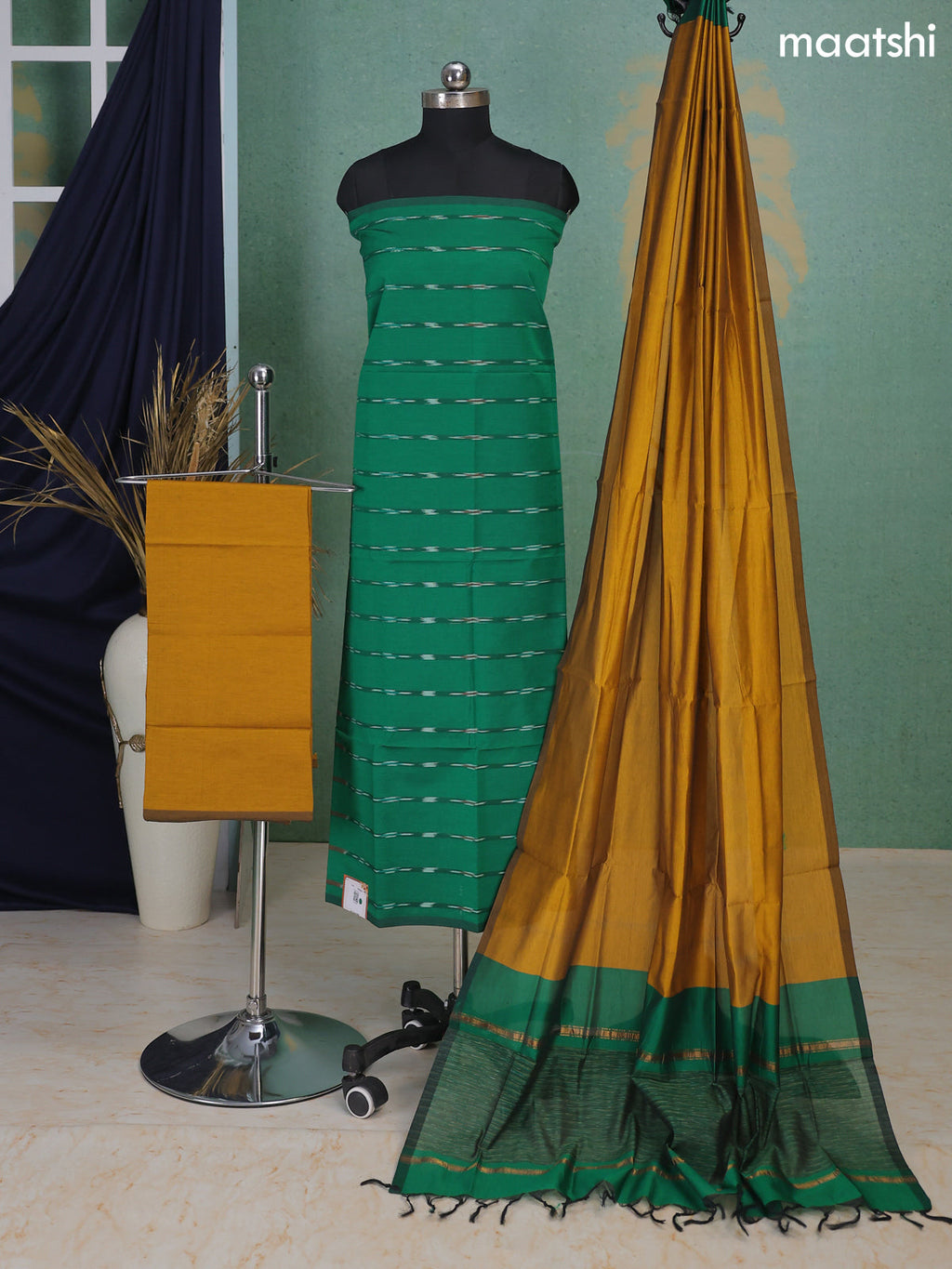 Green and Mustard Yellow Ikat Dress Material With Ikat Weaves