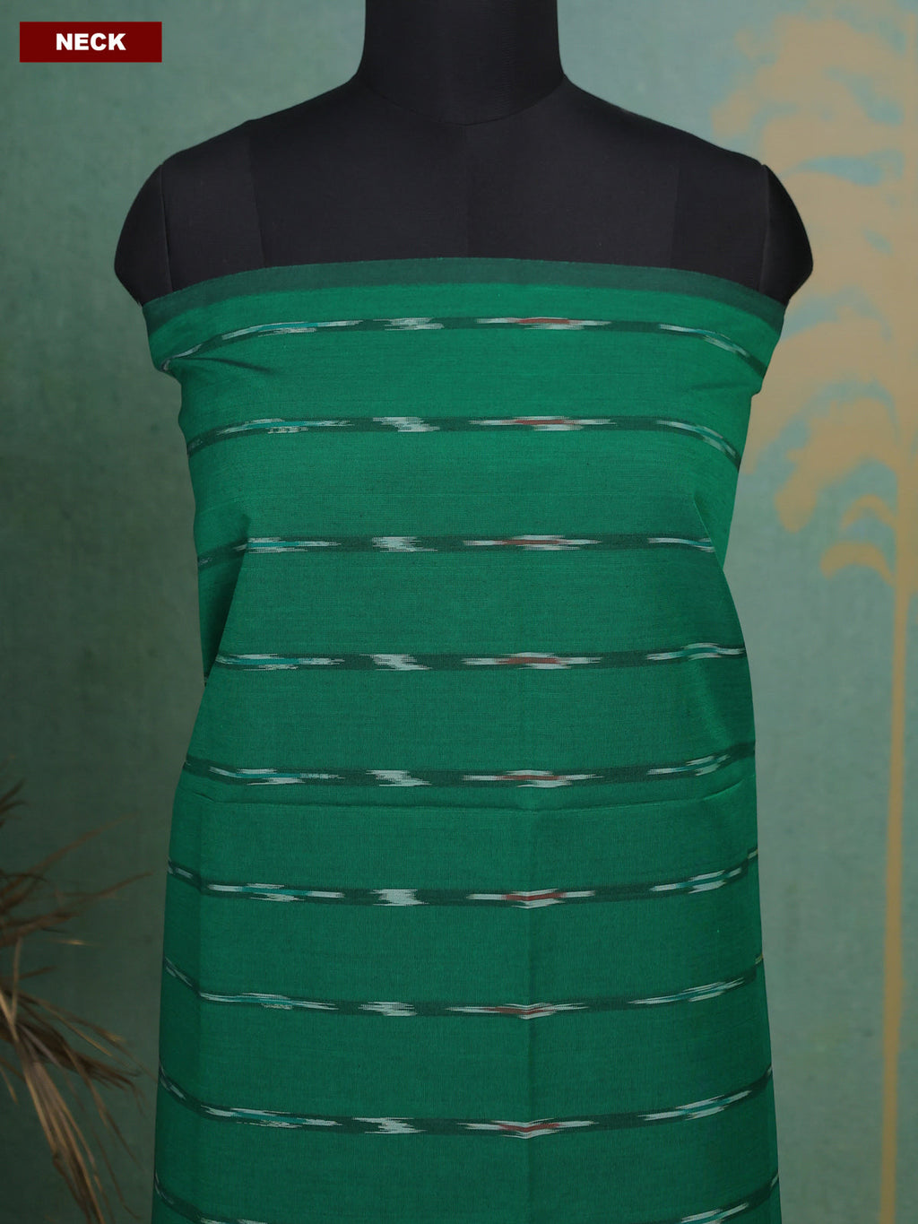 Green and Mustard Yellow Ikat Dress Material With Ikat Weaves