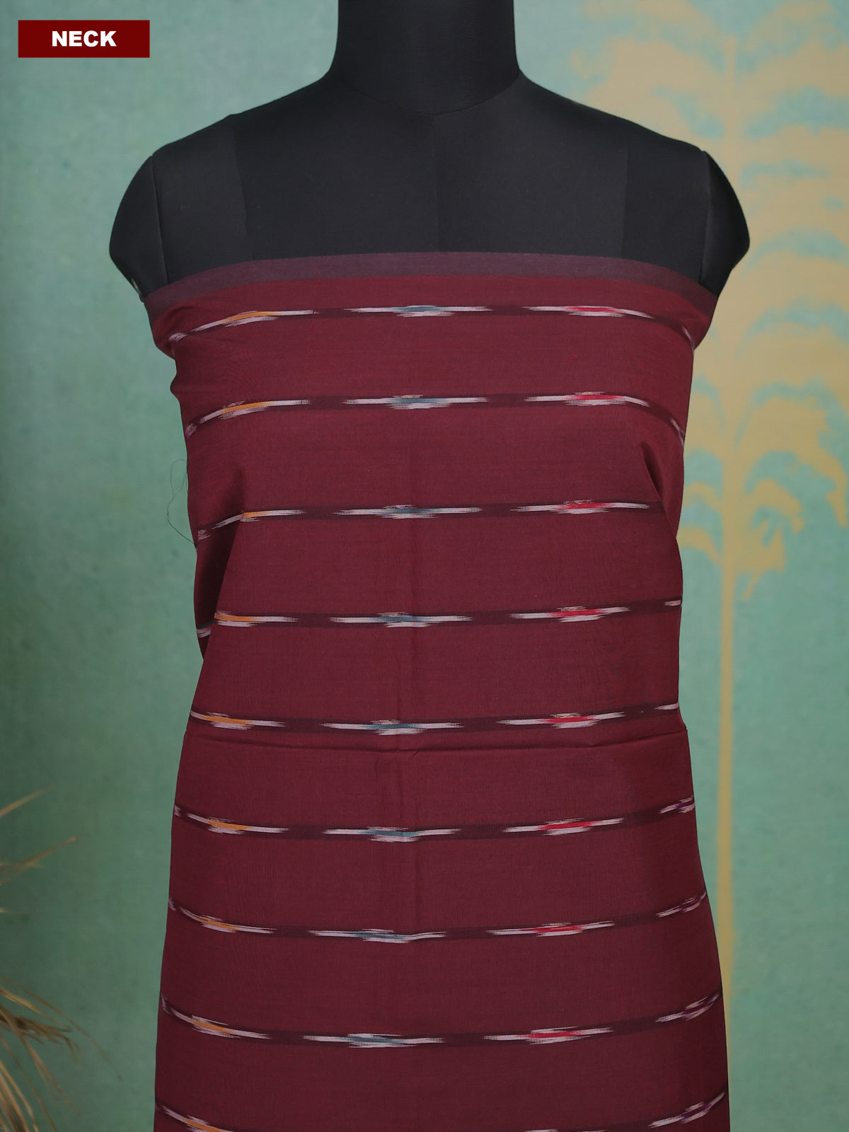 Deep Maroon and Mehandi Green Ikat Dress Material With Ikat Weaves