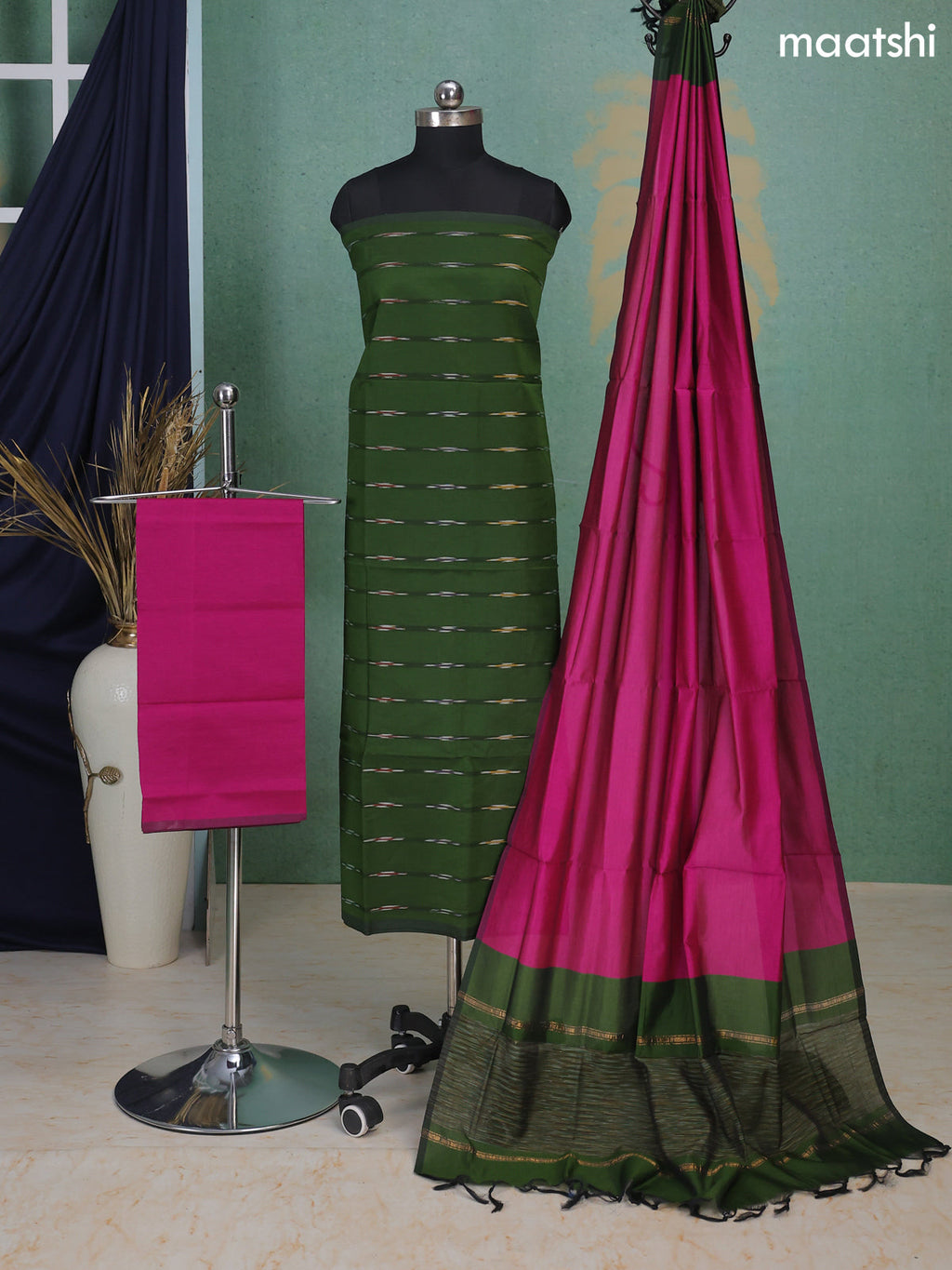 Sap Green and Magenta Pink Ikat Dress Material With Ikat Weaves