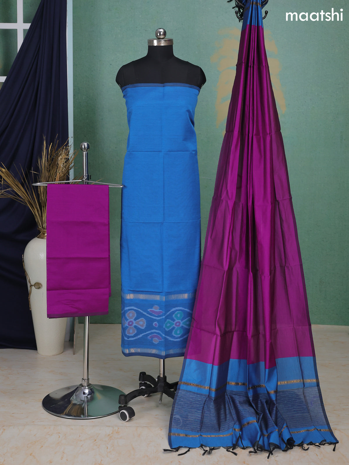 Blue and Purple Ikat Dress Material With Ikat Weaves