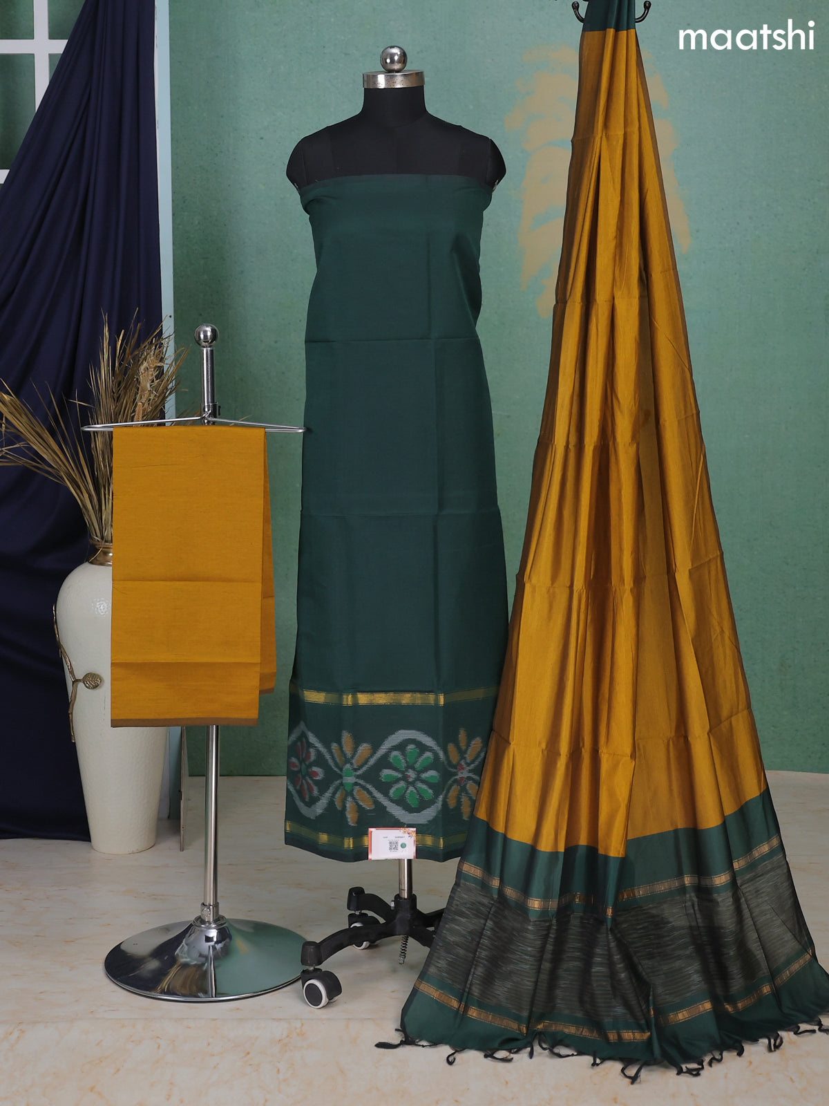 Sap Green and Mustard Yellow Ikat Dress Material With Ikat Weaves Maatshi Sap Green and Mustard Yellow Ikat Dress Material With Ikat Weaves Maatshi