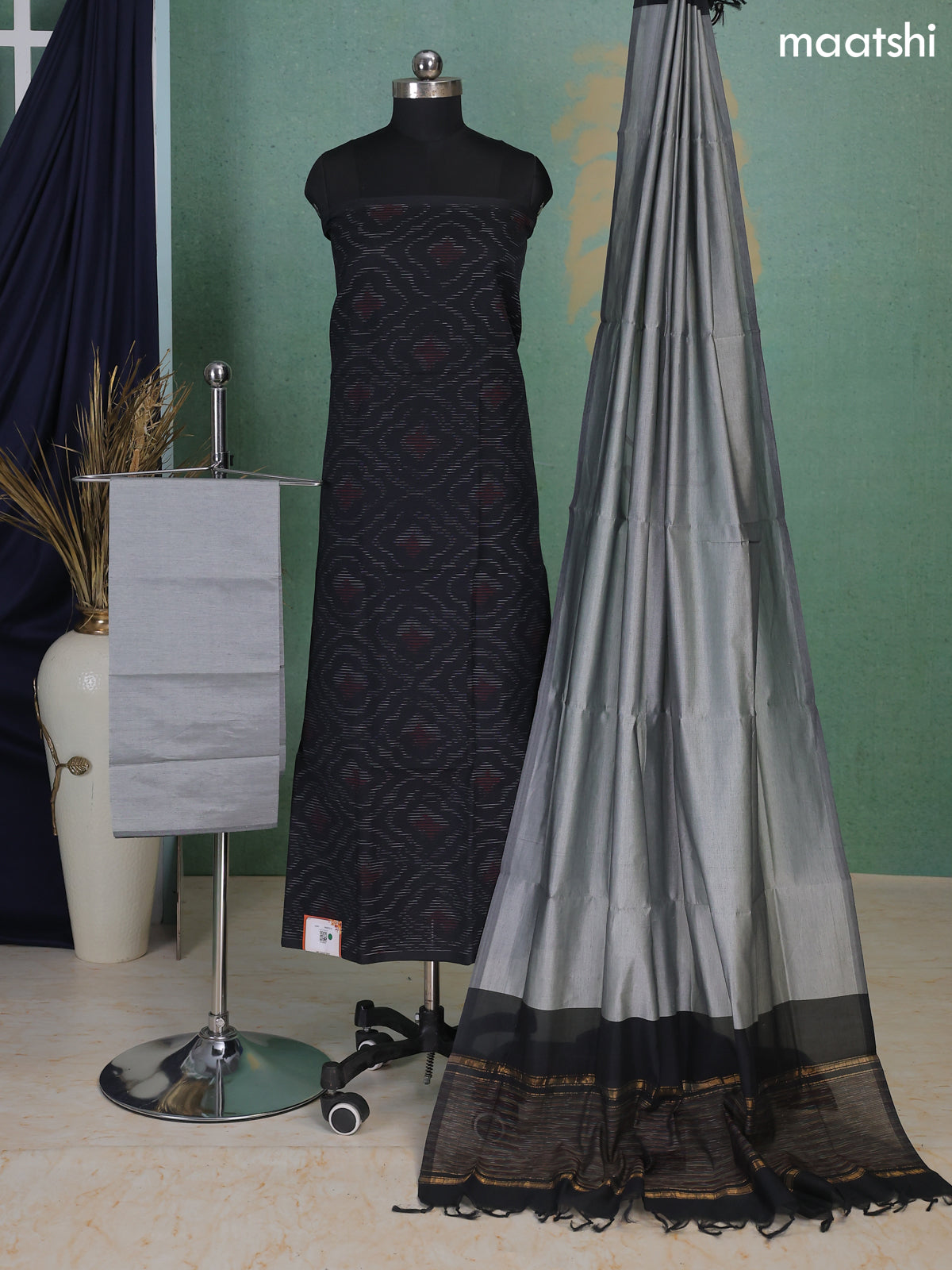 Black and Grey Ikat Dress Material With Ikat Weaves
