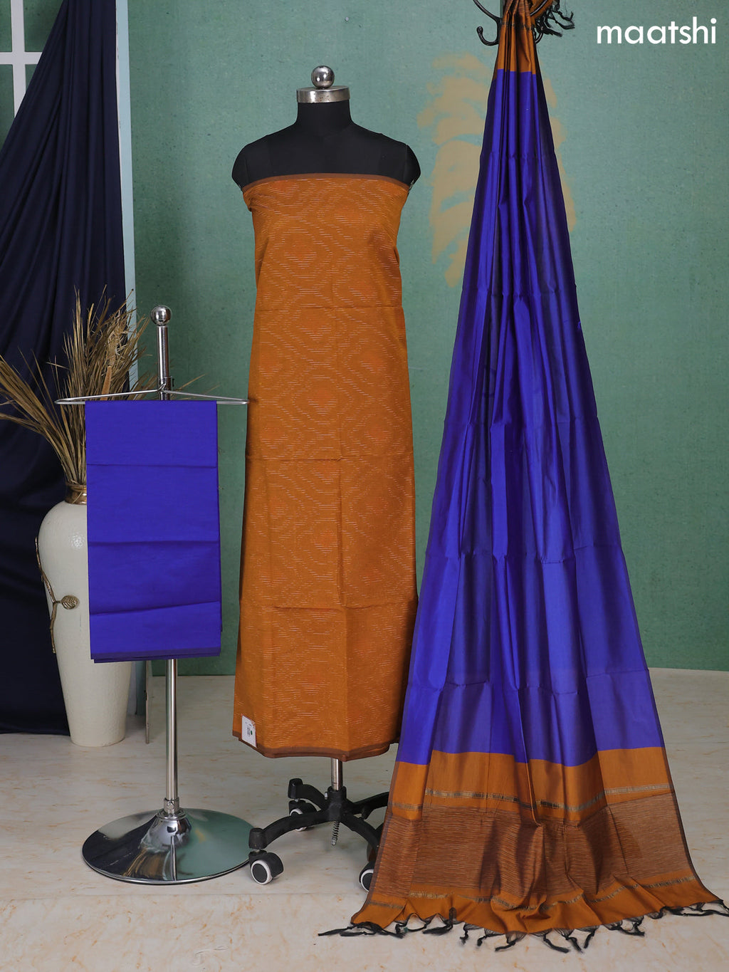 Mustard Yellow and Blue Ikat Dress Material With Ikat Weaves