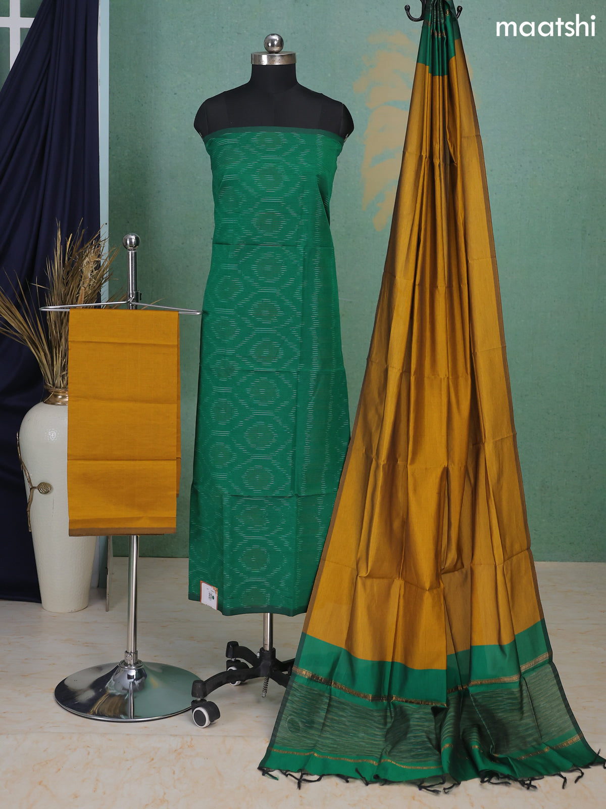mustard yellow dress material Dark Green and Mustard Yellow Ikat Dress Material With Ikat Weaves – Maatshi