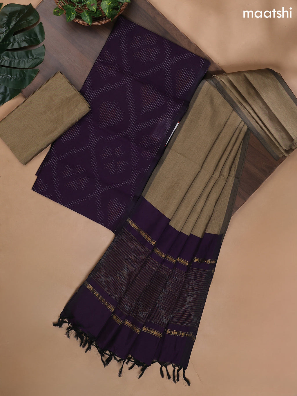 Deep Purple and Brown Ikat Dress Material With Ikat Weaves