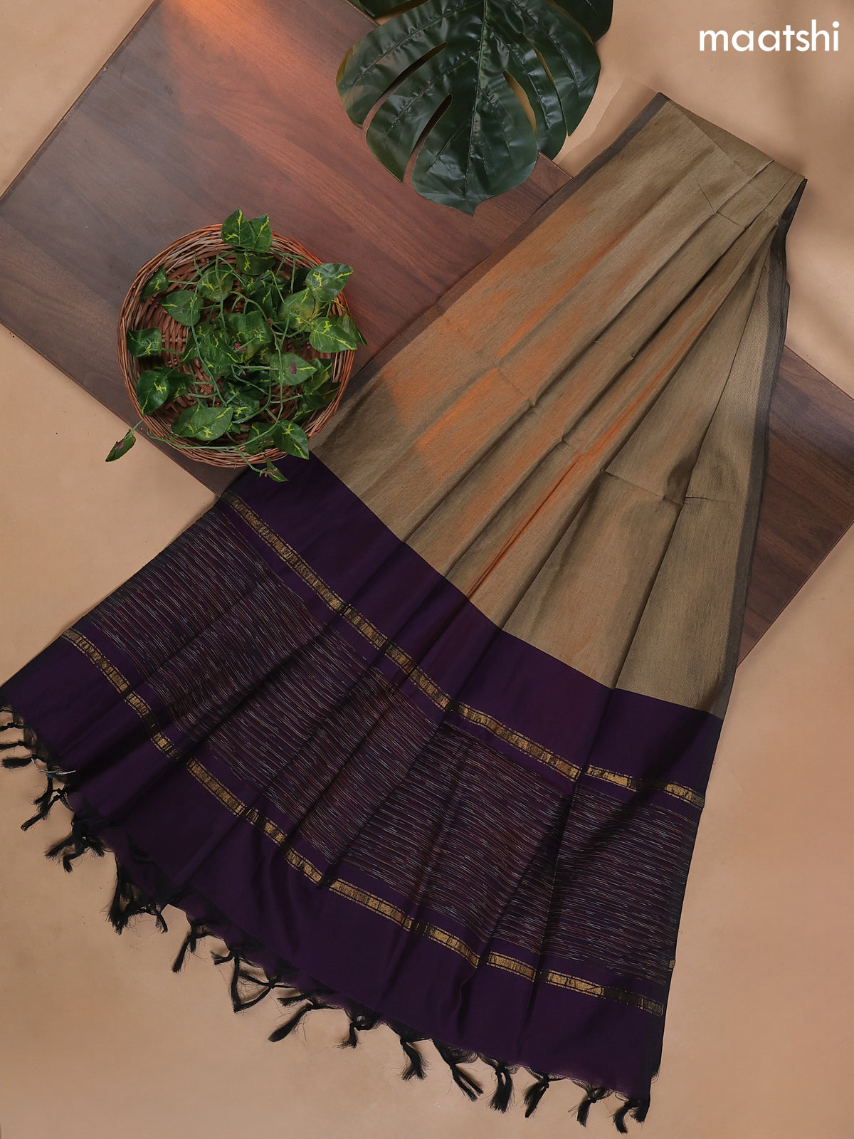 Deep Purple and Brown Ikat Dress Material With Ikat Weaves