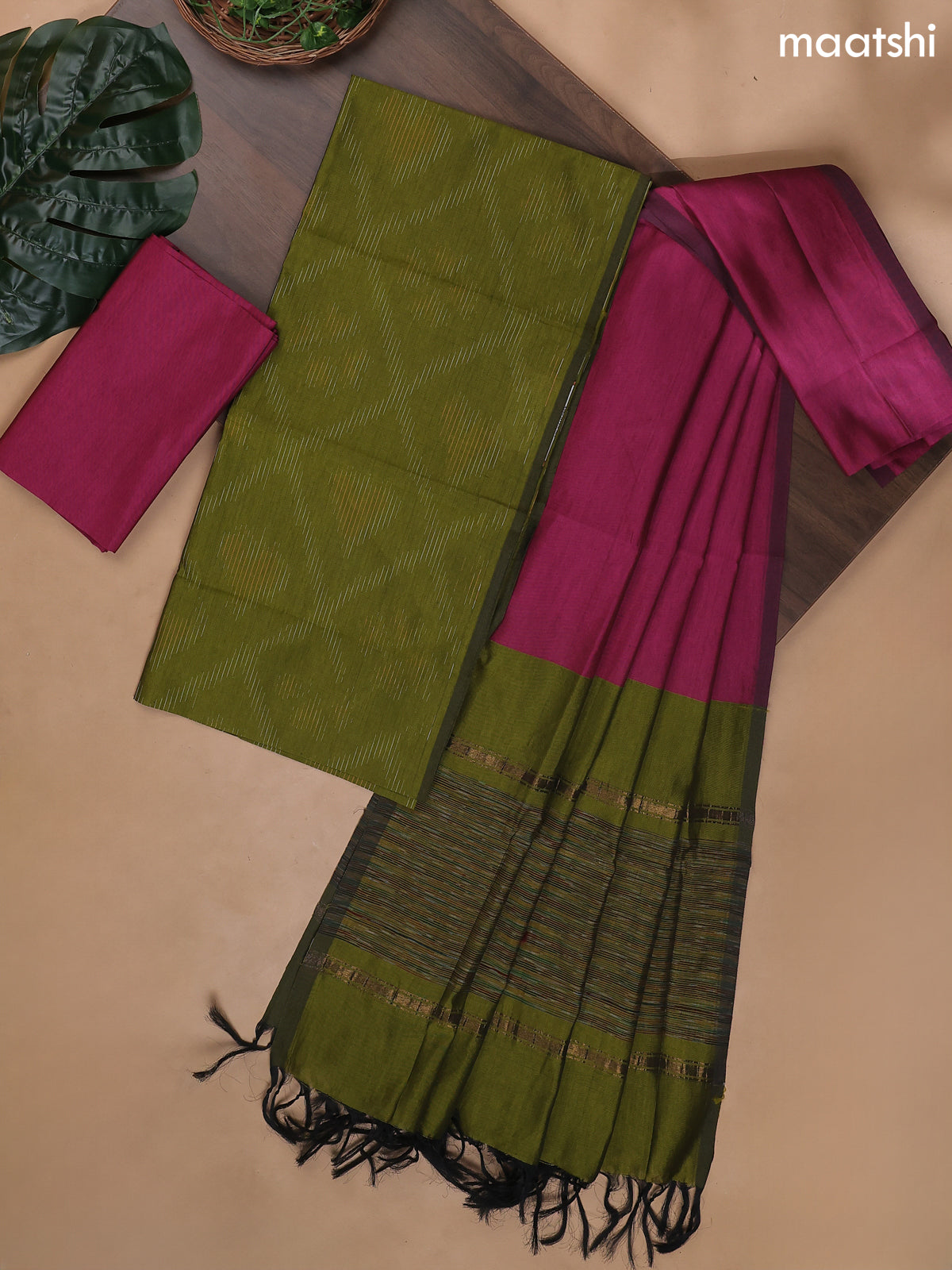 Mehendi Green and Pink Ikat Dress Material With Ikat Weaves